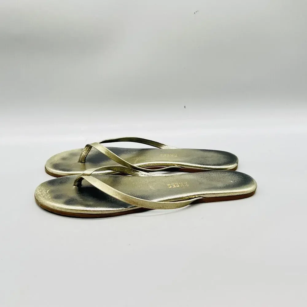 TKEES Sandals Womens 7 Gold Strappy Leather Flip Flop Thong Flat Casual Shoes